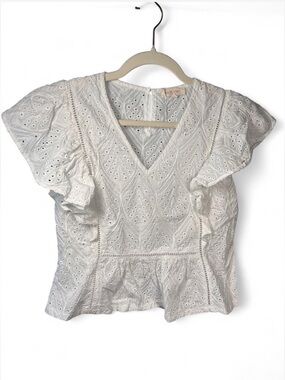 Solitaire vintage white cotton eyelet peplum blouse, flutter sleeves, Sz L